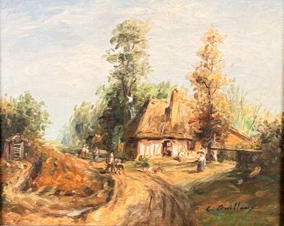 tableau représentant une route de campagne avec une maison et un cheval au premier plan