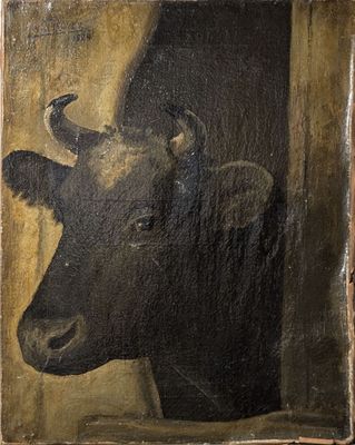 une peinture à l'huile représentant une tête de vache, dans un cadre en bois