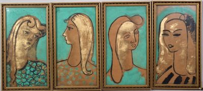 four paintings of women in gold frames on a wall