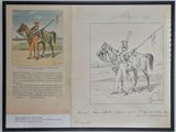 an old book with a drawing of a man on a horse next to a drawing of a man on a horse