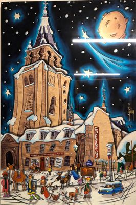 tableau représentant une église avec un clocher au milieu d'une ville enneigée