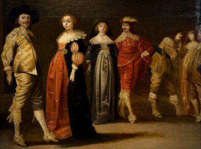 painting of a group of people dressed in period clothing standing in front of a painting