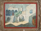 an image of a painting of a courtyard with a tree in the foreground