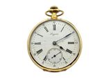a gold pocket watch with roman numerals on the face