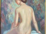 une peinture à l'huile représentant une femme nue assise sur une serviette blanche