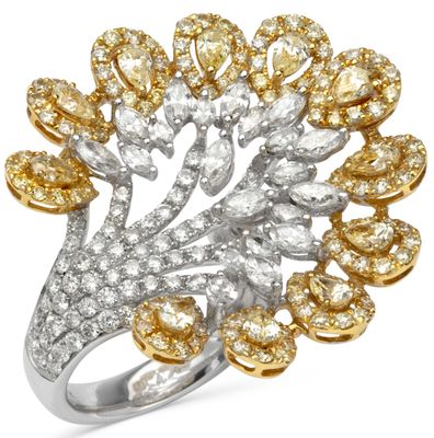 a yellow and white diamond ring with a leaf design
