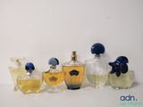 plusieurs types différents de flacons de parfum alignés sur une surface blanche