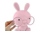 someone is holding a pink toy with glasses on it