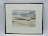 framed watercolor painting of a beach scene in a black frame
