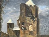 a painting of a castle in the middle of a snowy landscape