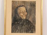 painting of an old woman in a black dress with a smile on her face