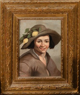 une peinture à l'huile représentant une femme portant un grand chapeau orné de citrons