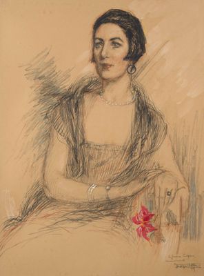 drawing of a woman sitting in a chair with a flower in her hand
