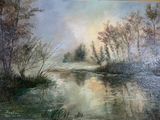 a painting of a river with trees in the background