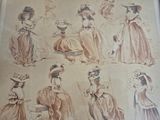 many pictures of women in dresses and hats on a table