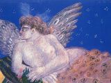 un tableau représentant une fée assise sur la lune