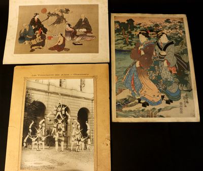 three antique japanese prints of women and men in traditional clothing