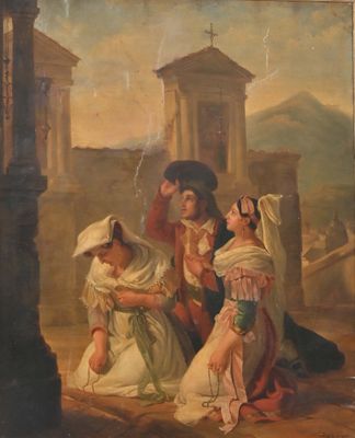 painting of a couple of women and a man sitting in a courtyard