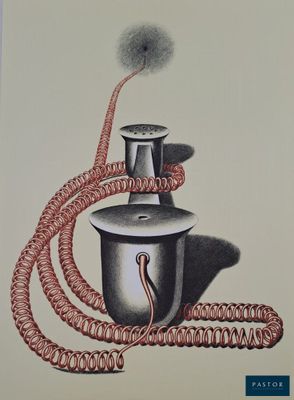 dessin en noir et blanc représentant un vase orné d'un cordon rouge