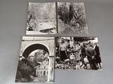 four black and white photographs of people standing in front of a bridge