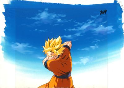 une peinture représentant un jeune Gohan avec un ciel bleu en arrière-plan