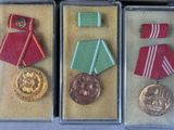 three medals are in a display case on a table