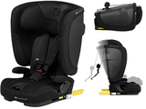 the car seat is black and has a safety belt attached to it