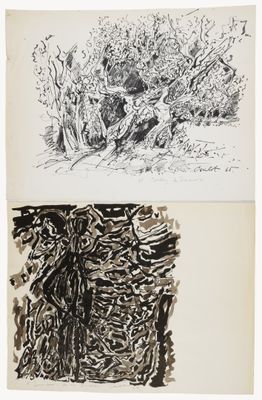 two black and white drawings of trees and bushes on a white background