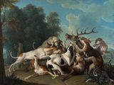 a painting of a group of dogs playing with each other