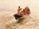 tableau représentant trois hommes dans une barque sur une mer agitée