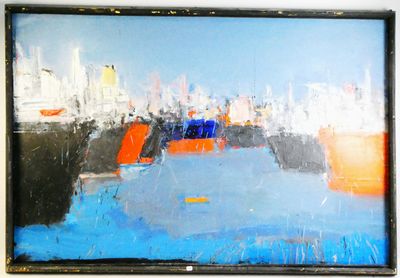 a painting on the wall of a room with a painting of a city