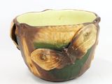 a brown and green bowl with a butterfly on it