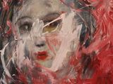 painting of a woman ' s face with a red flower in her hair