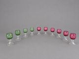 a set of six pink and green glass goblets