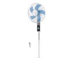 a close up of a fan on a stand with a remote control