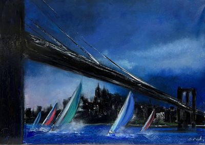 Peinture représentant des voiliers naviguant sous le pont de Brooklyn la nuit
