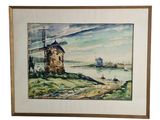 aquarelle encadrée représentant un moulin à vent situé sur une colline surplombant un plan d'eau