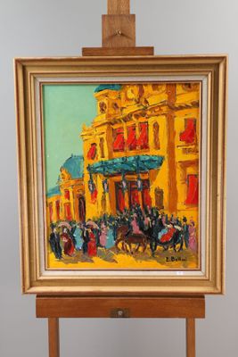 an oil painting of a street scene with a horse drawn carriage in front of a yellow building
