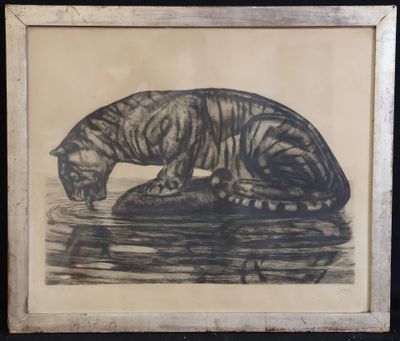 framed drawing of a cat drinking water from a pond