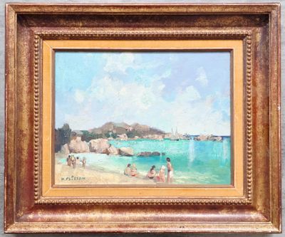 une peinture à l'huile représentant une scène de plage avec des gens sur le sable