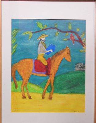 tableau représentant un homme à cheval dans un champ, avec un arbre en arrière-plan