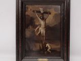 une peinture à l'huile représentant Jésus sur la croix, sur fond blanc
