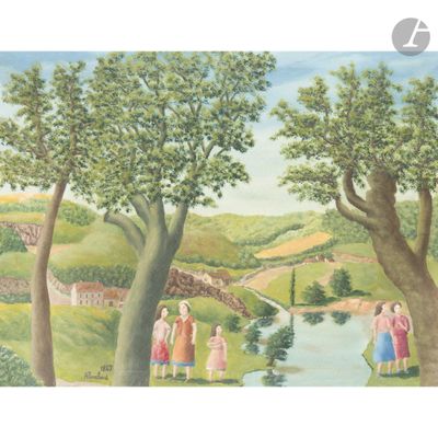a painting of a group of people standing by a river