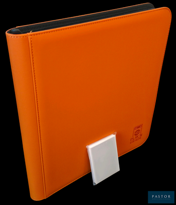 an orange binder with a white button on it