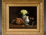 painting of a still life with a vase of flowers and other objects