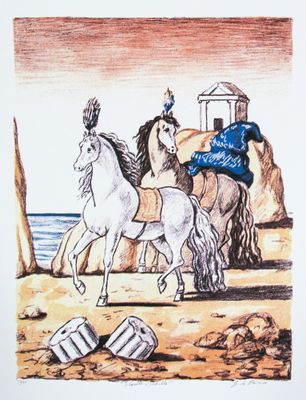 dessin représentant un homme à cheval, avec une femme assise derrière lui