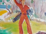 a painting of a woman holding a golf club and a dog