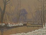 tableau représentant un paysage enneigé avec un pont en bois au premier plan