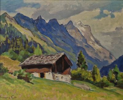 tableau représentant un paysage de montagne avec une grange au premier plan et une chaîne de montagnes à l'arrière-plan