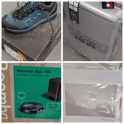 plusieurs photos d'une valise, d'une paire de chaussures et d'une paire de chaussures